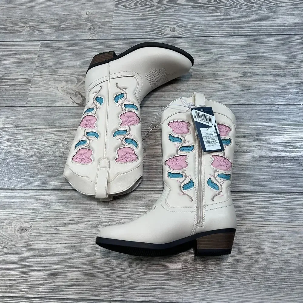 Art Class Kids' Emberly Embroidered Western Boots Ivory 13 NWT